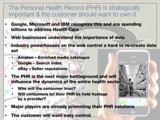 The Personal Health Record (PHR) is strategically important & the customer should want to own it Google, Microsoft and IBM recognize this and are spending billions to address Health Care  Web businesses understand the importance of data Industry powerhouses on the web control a hard to re-create data set Amazon – Enriched media catalogue Google – Search index eBay – Seller reputations The PHR is the next major battleground and will  influence the dynamics of the entire health sector Who will the consumer trust? Will consumers let their PHR be held hostage  by a provider? Major players are already promoting their PHR solutions The customer will want easy control  