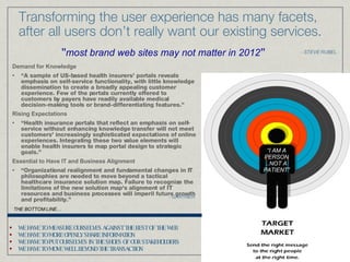 Transforming the user experience has many facets, after all users don’t really want our existing services. Demand for Knowledge “ A sample of US-based health insurers' portals reveals emphasis on self-service functionality, with little knowledge dissemination to create a broadly appealing customer experience. Few of the portals currently offered to customers by payers have readily available medical decision-making tools or brand-differentiating features.” Rising Expectations “ Health insurance portals that reflect an emphasis on self-service without enhancing knowledge transfer will not meet customers' increasingly sophisticated expectations of online experiences. Integrating these two value elements will enable health insurers to map portal design to strategic goals.” Essential to Have IT and Business Alignment “ Organizational realignment and fundamental changes in IT philosophies are needed to move beyond a tactical healthcare insurance solution map. Failure to recognize the limitations of the new solution map's alignment of IT resources and business processes will imperil future growth and profitability.”  " most brand web sites may not matter in 2012 " - STEVE RUBEL THE BOTTOM LINE… WE HAVE TO MEASURE OURSELVES AGAINST THE BEST OF THE WEB WE HAVE TO MORE OPENLY SHARE INFORMATION WE HAVE TO PUT OURSELVES IN THE SHOES OF OUR STAKEHOLDERS WE HAVE TO MOVE WELL BEYOND THE TRANSACTION - GARTNER “ I AM A PERSON ..NOT A PATIENT” 