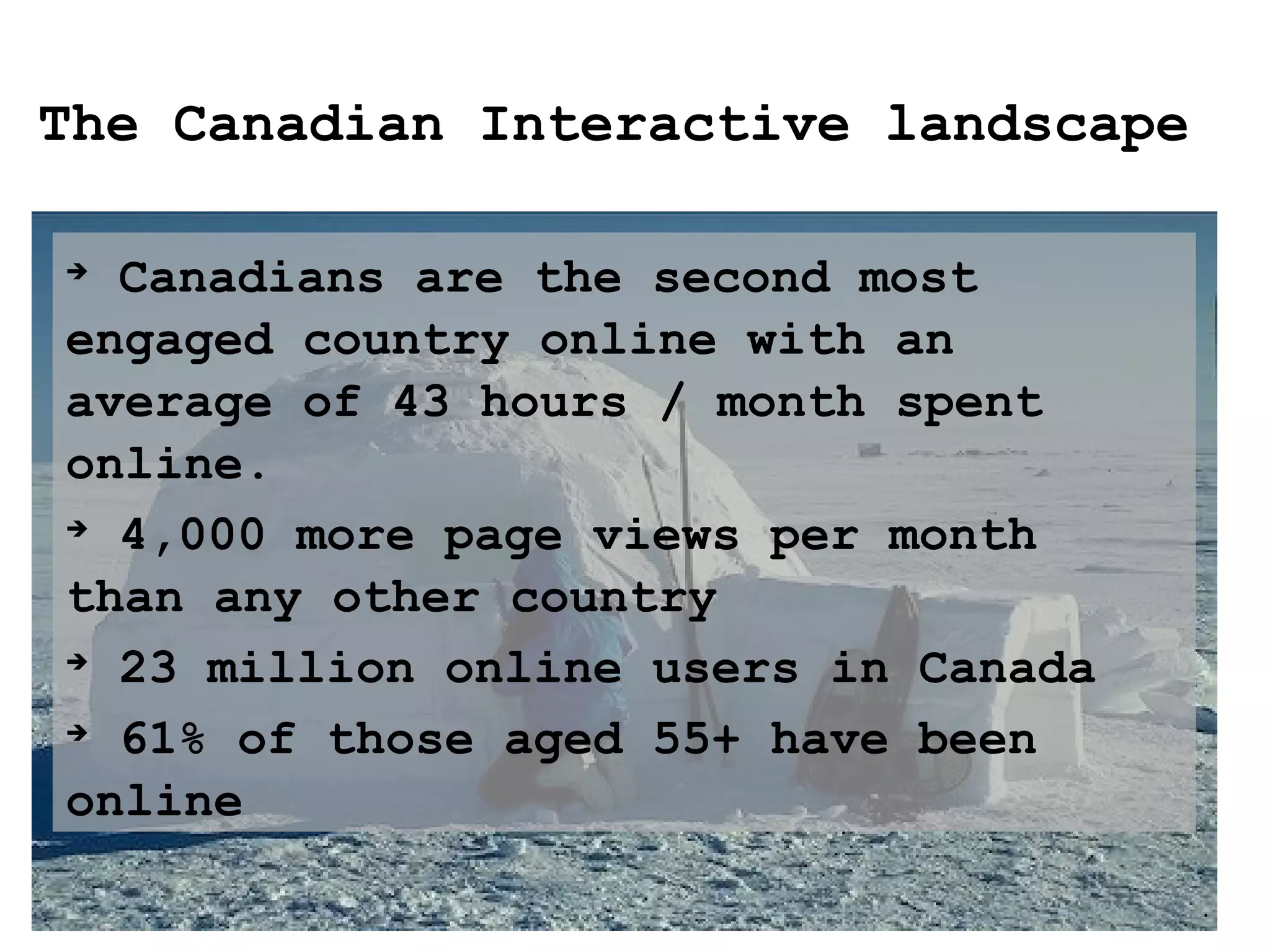 The Canadian Interactive landscape Canadians are the second most engaged country online with an average of 43 hours / month spent online.  4,000 more page views per month than any other country 23 million online users in Canada 61% of those aged 55+ have been online 