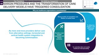 11
Public © Capgemini 2021. All rights reserved |
Top-10 Trends in Healthcare Insurance 2022
MARGIN PRESSURES AND THE TRANSFORMATION OF CARE
DELIVERY MODELS HAVE TRIGGERED CONSOLIDATION
Why are healthcare organizations consolidating?
Providers need
broader
capabilities and
service
portfolios
Rising number of competitors and
dilution of market share
To offset low
margins, cost
efficiencies
required
To centralize data and enable
healthcare interoperability
Top Trends in Healthcare Insurance for 2022 by Capgemini
As more and more providers deliver care
from alternative settings, horizontal and
vertical health system integration is
becoming commonplace.
09
TREND
 