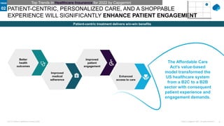 4
Public © Capgemini 2021. All rights reserved |
Top-10 Trends in Healthcare Insurance 2022
PATIENT-CENTRIC, PERSONALIZED CARE, AND A SHOPPABLE
EXPERIENCE WILL SIGNIFICANTLY ENHANCE PATIENT ENGAGEMENT
Patient-centric treatment delivers win-win benefits
Top Trends in Healthcare Insurance for 2022 by Capgemini
The Affordable Care
Act’s value-based
model transformed the
US healthcare system
from a B2C to a B2B
sector with consequent
patient experience and
engagement demands.
Improved
medical
adherence
Improved
patient
engagement
Better
health
outcomes
Enhanced
access to care
02
TREND
 