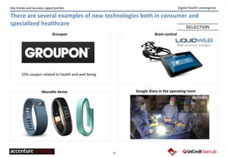 14
Key trends and business opportunities
Google Glass in the operating room
Brain control
There are several examples of new technologies both in consumer and
specialized healthcare
Wearable devise
Digital Health convergence
Groupon
25% coupon related to health and well being
SELECTION
 