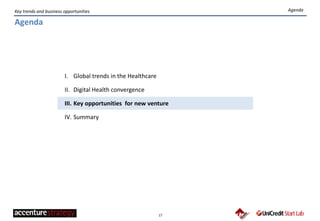 17
Key trends and business opportunities
I. Global trends in the Healthcare
II. Digital Health convergence
III. Key opportunities for new venture
IV. Summary
Agenda
Agenda
 