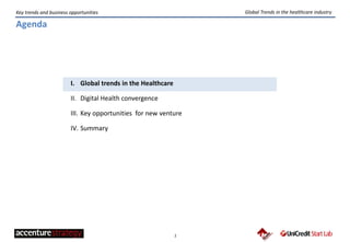 2
Key trends and business opportunities
I. Global trends in the Healthcare
II. Digital Health convergence
III. Key opportunities for new venture
IV. Summary
Global Trends in the healthcare industry
Agenda
 