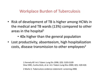 TB Outbreaks In The Healthcare Setting
• Delayed diagnosis
• Delayed initiation of airborne precautions
• Lapses in practi...
