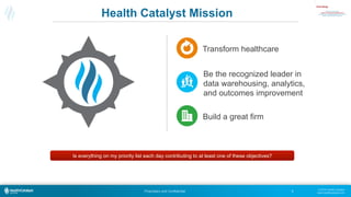 © 2015 Health Catalyst
www.healthcatalyst.comProprietary and Confidential
Health Catalyst Mission
Build a great firm
Be th...