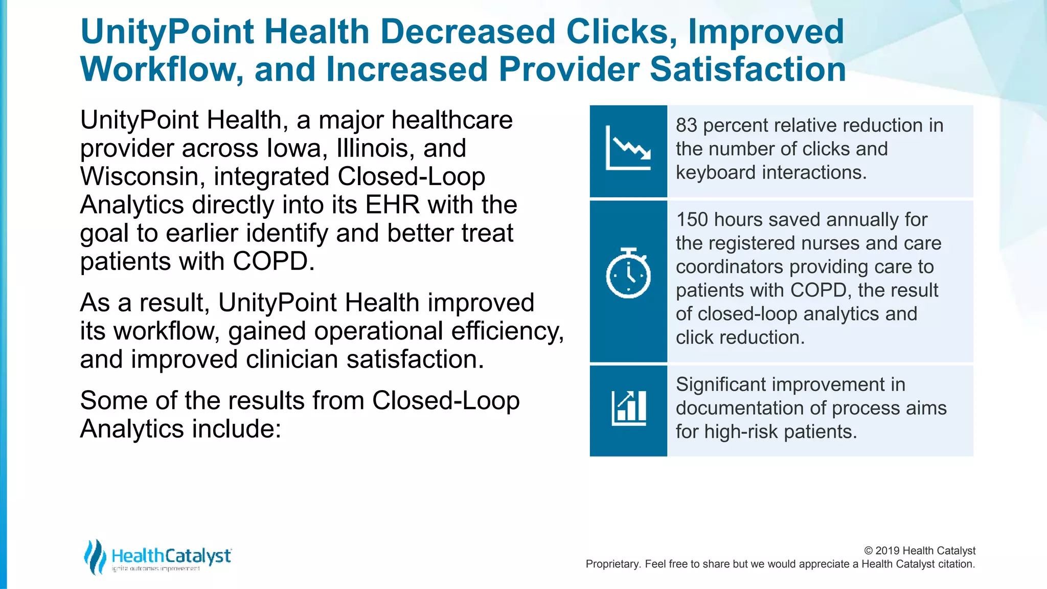 © 2019 Health Catalyst
Proprietary. Feel free to share but we would appreciate a Health Catalyst citation.
UnityPoint Health Decreased Clicks, Improved
Workflow, and Increased Provider Satisfaction
UnityPoint Health, a major healthcare
provider across Iowa, Illinois, and
Wisconsin, integrated Closed-Loop
Analytics directly into its EHR with the
goal to earlier identify and better treat
patients with COPD.
As a result, UnityPoint Health improved
its workflow, gained operational efficiency,
and improved clinician satisfaction.
Some of the results from Closed-Loop
Analytics include:
83 percent relative reduction in
the number of clicks and
keyboard interactions.
150 hours saved annually for
the registered nurses and care
coordinators providing care to
patients with COPD, the result
of closed-loop analytics and
click reduction.
Significant improvement in
documentation of process aims
for high-risk patients.
 