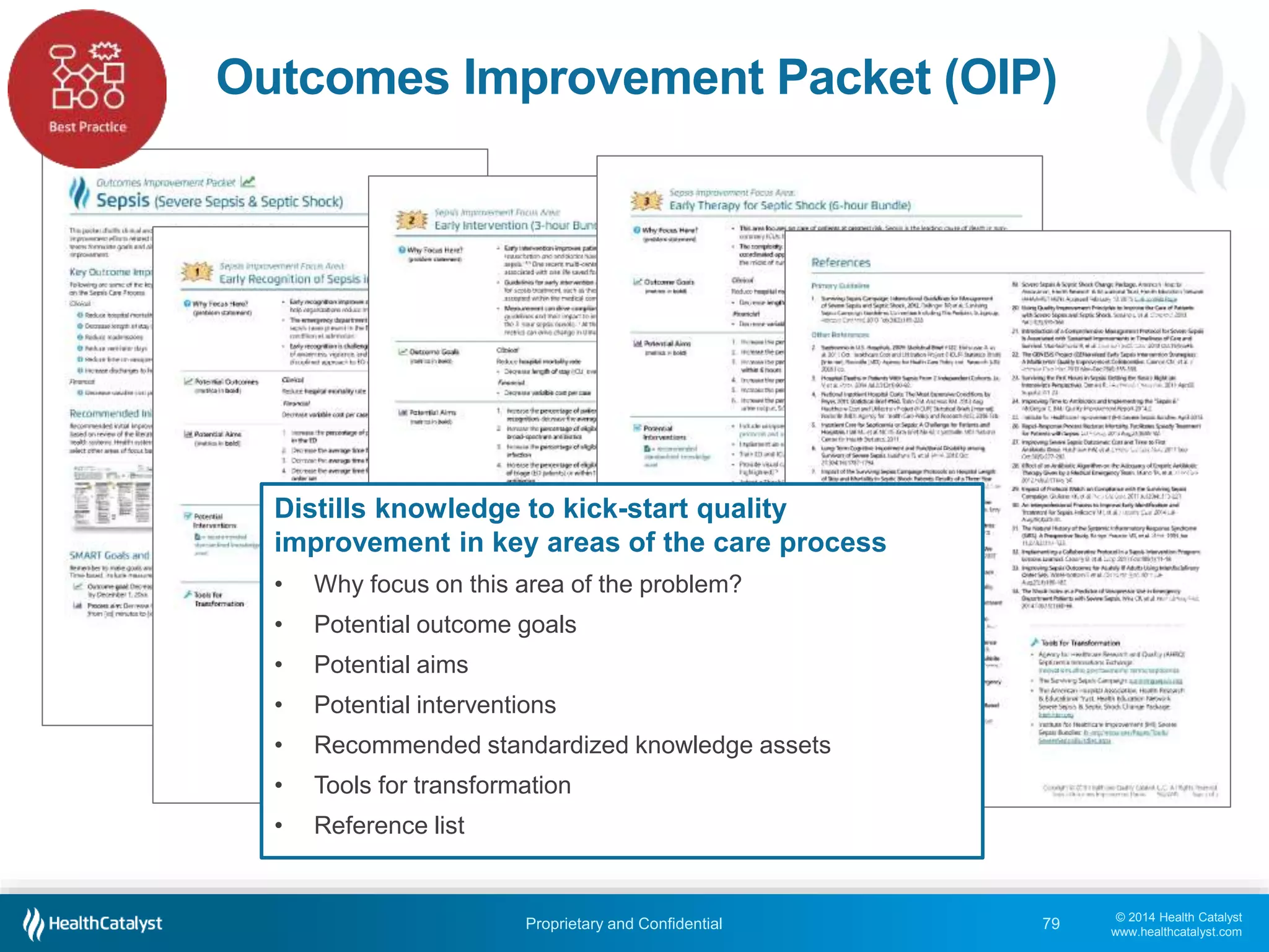 © 2014 Health Catalyst
www.healthcatalyst.com
Proprietary and Confidential
Outcomes Improvement Packet (OIP)
79
Distills knowledge to kick-start quality
improvement in key areas of the care process
• Why focus on this area of the problem?
• Potential outcome goals
• Potential aims
• Potential interventions
• Recommended standardized knowledge assets
• Tools for transformation
• Reference list
 