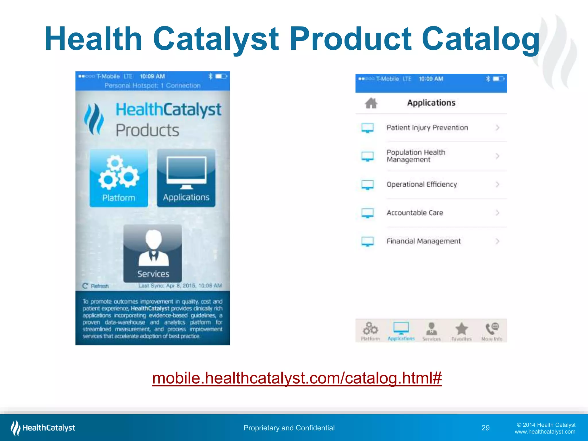 © 2014 Health Catalyst
www.healthcatalyst.com
Proprietary and Confidential
Health Catalyst Product Catalog
29
mobile.healthcatalyst.com/catalog.html#
 