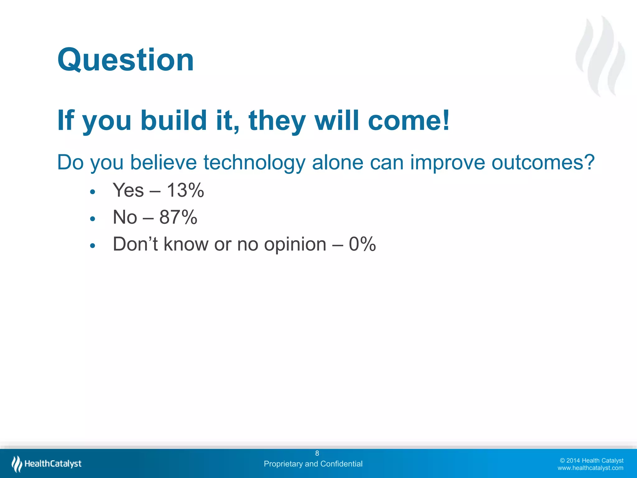 © 2014 Health Catalyst
www.healthcatalyst.com
Proprietary and Confidential
Question
If you build it, they will come!
Do you believe technology alone can improve outcomes?
• Yes – 13%
• No – 87%
• Don’t know or no opinion – 0%
8
 