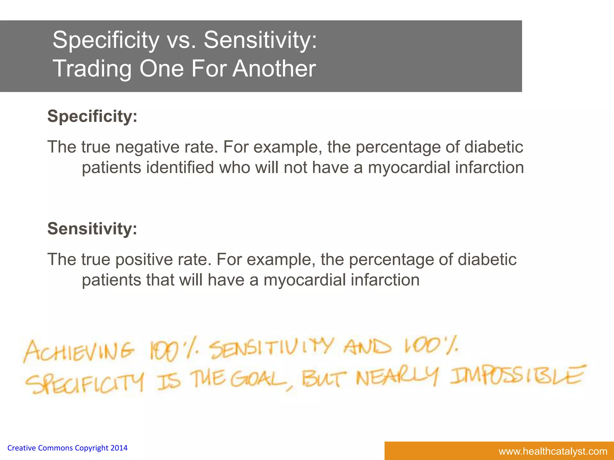 www.healthcatalyst.comCreative Commons Copyright 2014
Specificity vs. Sensitivity:
Trading One For Another
Specificity:
The true negative rate. For example, the percentage of diabetic
patients identified who will not have a myocardial infarction
Sensitivity:
The true positive rate. For example, the percentage of diabetic
patients that will have a myocardial infarction
 