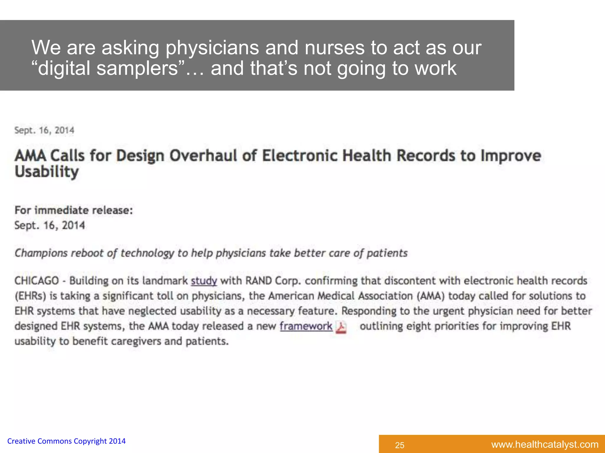 www.healthcatalyst.comCreative Commons Copyright 2014
We are asking physicians and nurses to act as our
“digital samplers”… and that’s not going to work
25
 