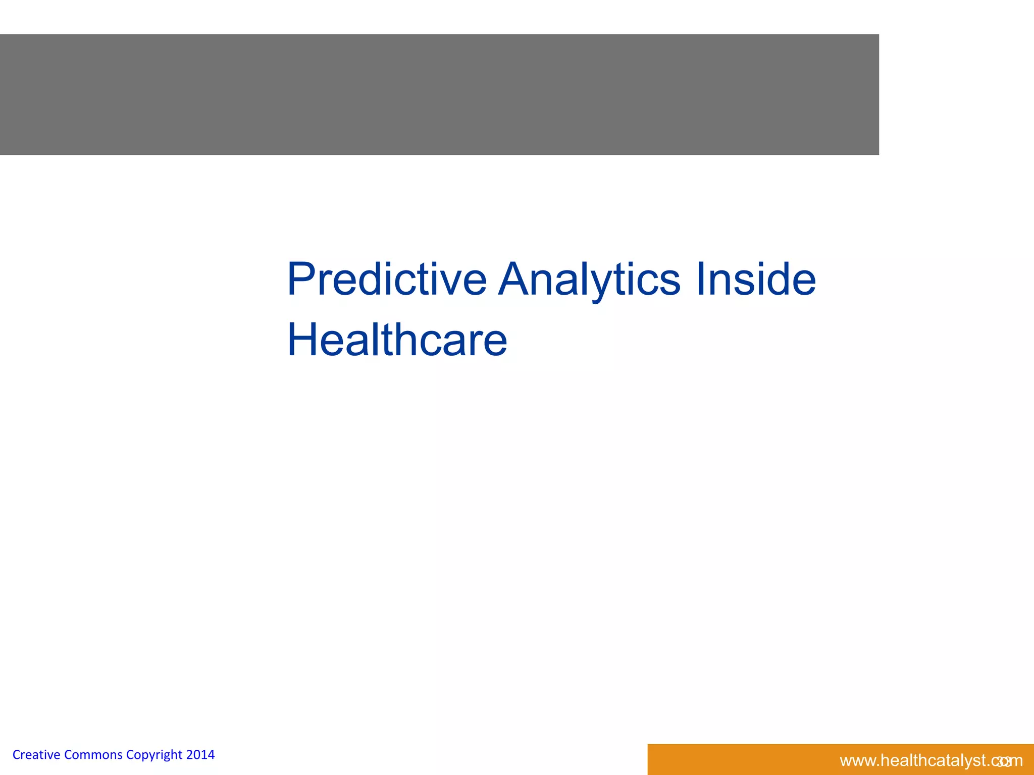 www.healthcatalyst.comCreative Commons Copyright 2014
Predictive Analytics Inside
Healthcare
33
 
