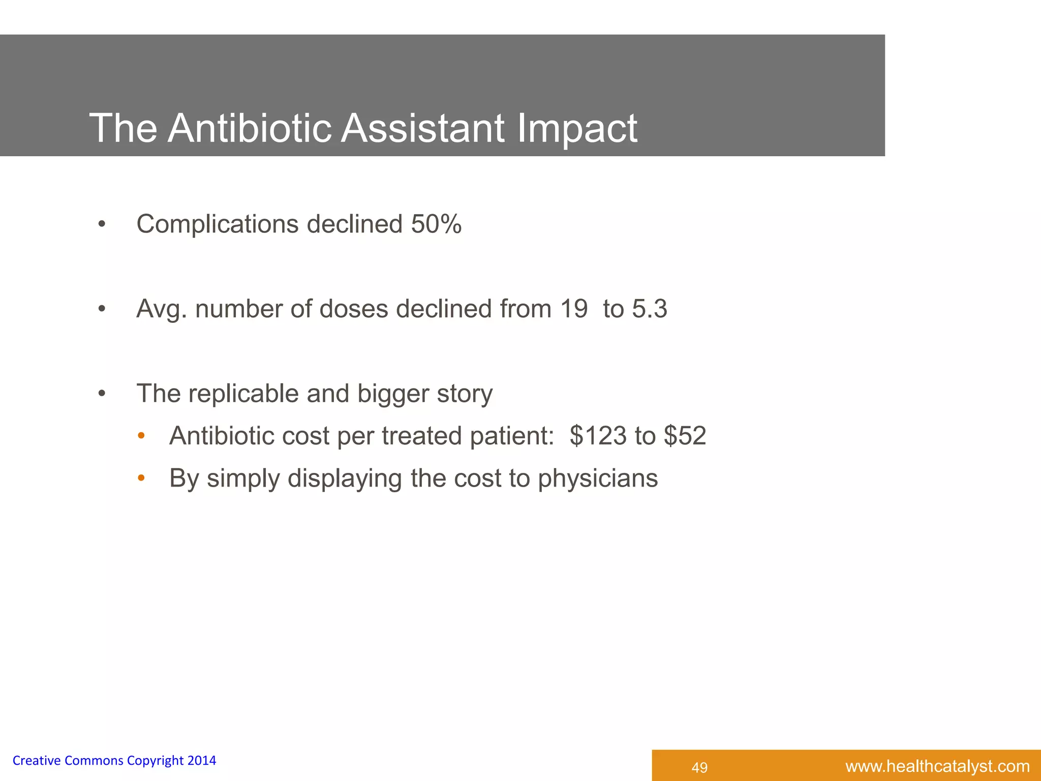 www.healthcatalyst.comCreative Commons Copyright 2014
The Antibiotic Assistant Impact
• Complications declined 50%
• Avg. number of doses declined from 19 to 5.3
• The replicable and bigger story
• Antibiotic cost per treated patient: $123 to $52
• By simply displaying the cost to physicians
49
 