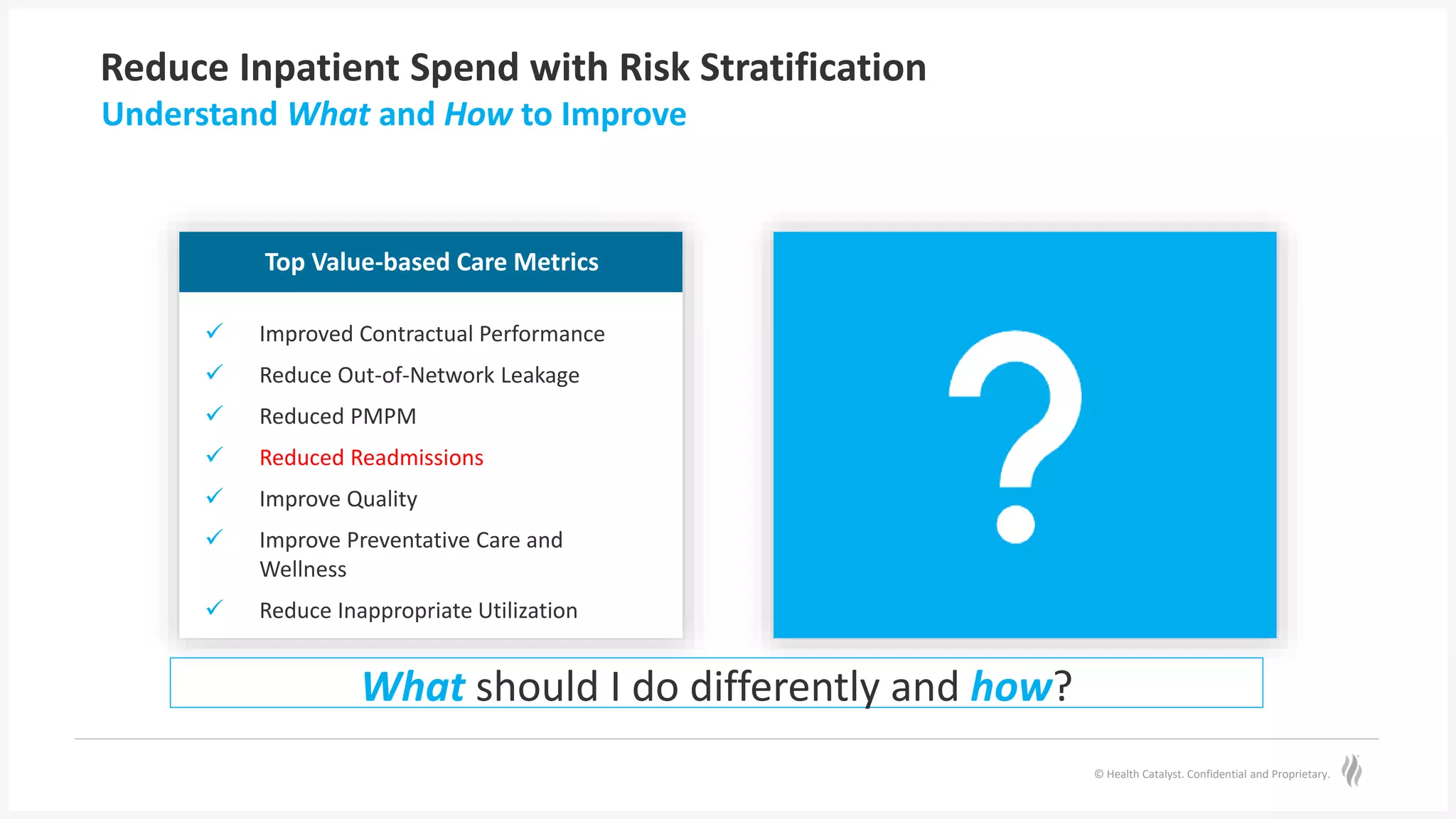 © Health Catalyst. Confidential and Proprietary.
Reduce Inpatient Spend with Risk Stratification
Understand What and How to Improve
Top Value-based Care Metrics
 Improved Contractual Performance
 Reduce Out-of-Network Leakage
 Reduced PMPM
 Reduced Readmissions
 Improve Quality
 Improve Preventative Care and
Wellness
 Reduce Inappropriate Utilization
What should I do differently and how?
 