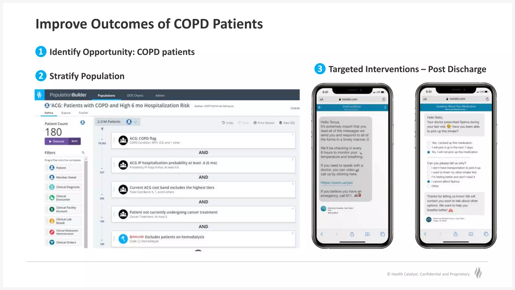 © Health Catalyst. Confidential and Proprietary.
Improve Outcomes of COPD Patients
❶ Identify Opportunity: COPD patients
❷ Stratify Population
❸ Targeted Interventions – Post Discharge
 