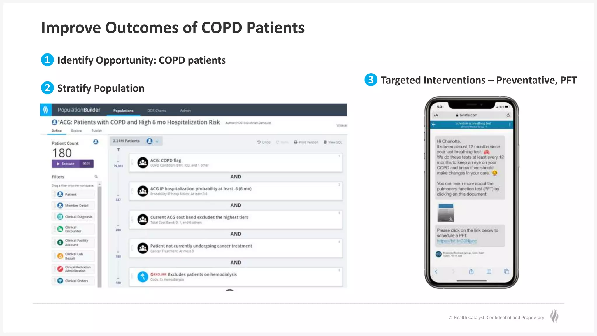 © Health Catalyst. Confidential and Proprietary.
Improve Outcomes of COPD Patients
❶ Identify Opportunity: COPD patients
❷ Stratify Population
❸ Targeted Interventions – Preventative, PFT
 