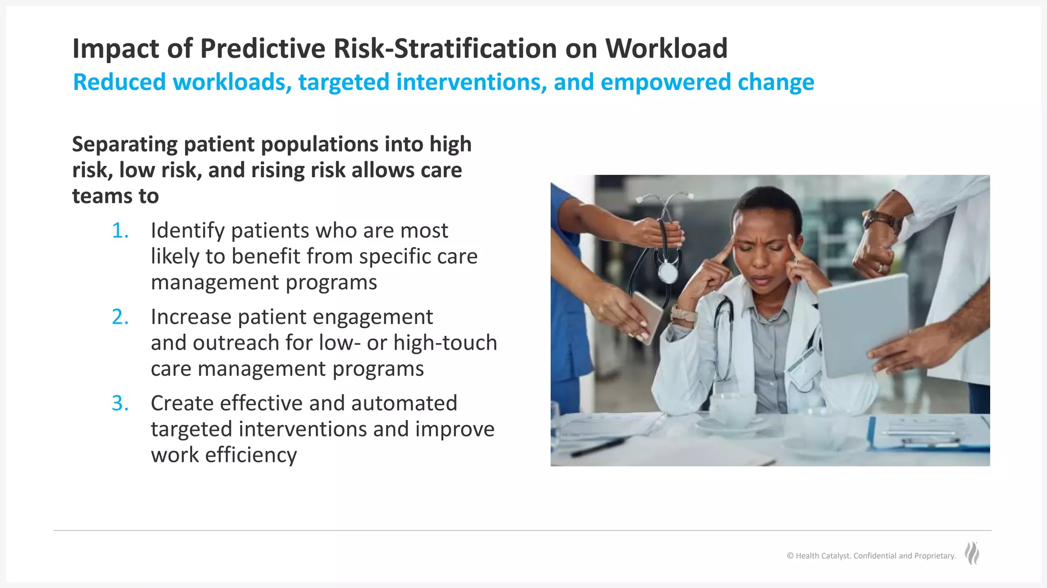© Health Catalyst. Confidential and Proprietary.
Impact of Predictive Risk-Stratification on Workload
Separating patient populations into high
risk, low risk, and rising risk allows care
teams to
1. Identify patients who are most
likely to benefit from specific care
management programs
2. Increase patient engagement
and outreach for low- or high-touch
care management programs
3. Create effective and automated
targeted interventions and improve
work efficiency
Reduced workloads, targeted interventions, and empowered change
 
