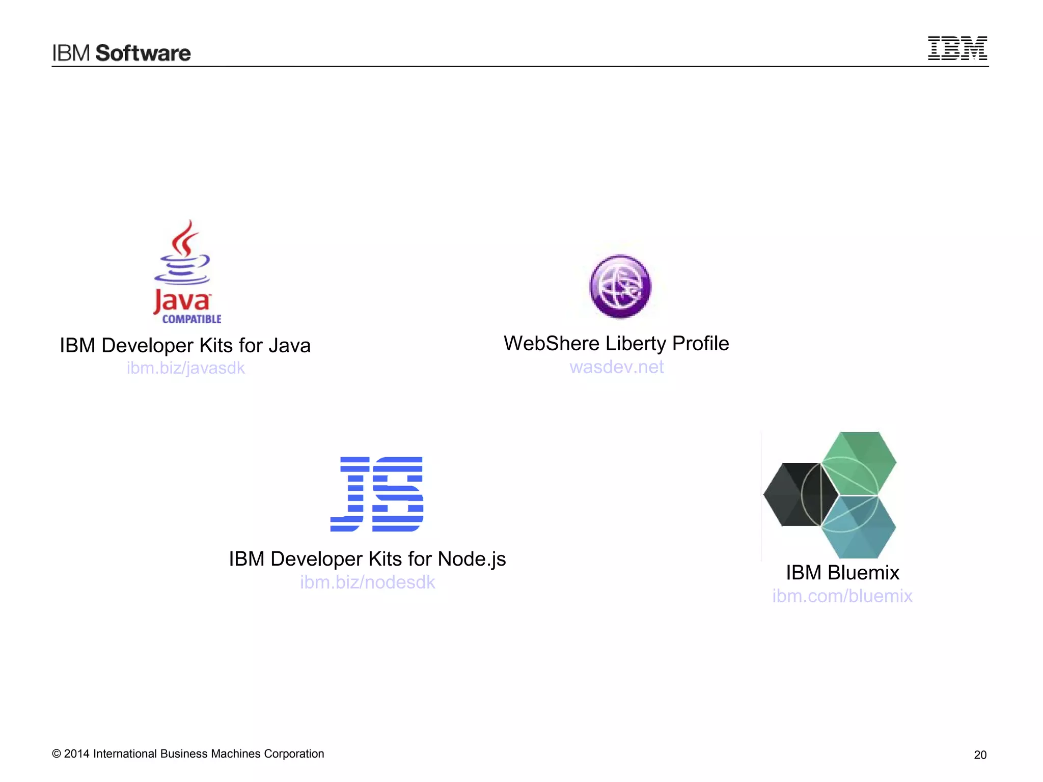© 2014 International Business Machines Corporation 20
IBM Developer Kits for Java
ibm.biz/javasdk
WebShere Liberty Profile
wasdev.net
IBM Bluemix
ibm.com/bluemix
IBM Developer Kits for Node.js
ibm.biz/nodesdk
 