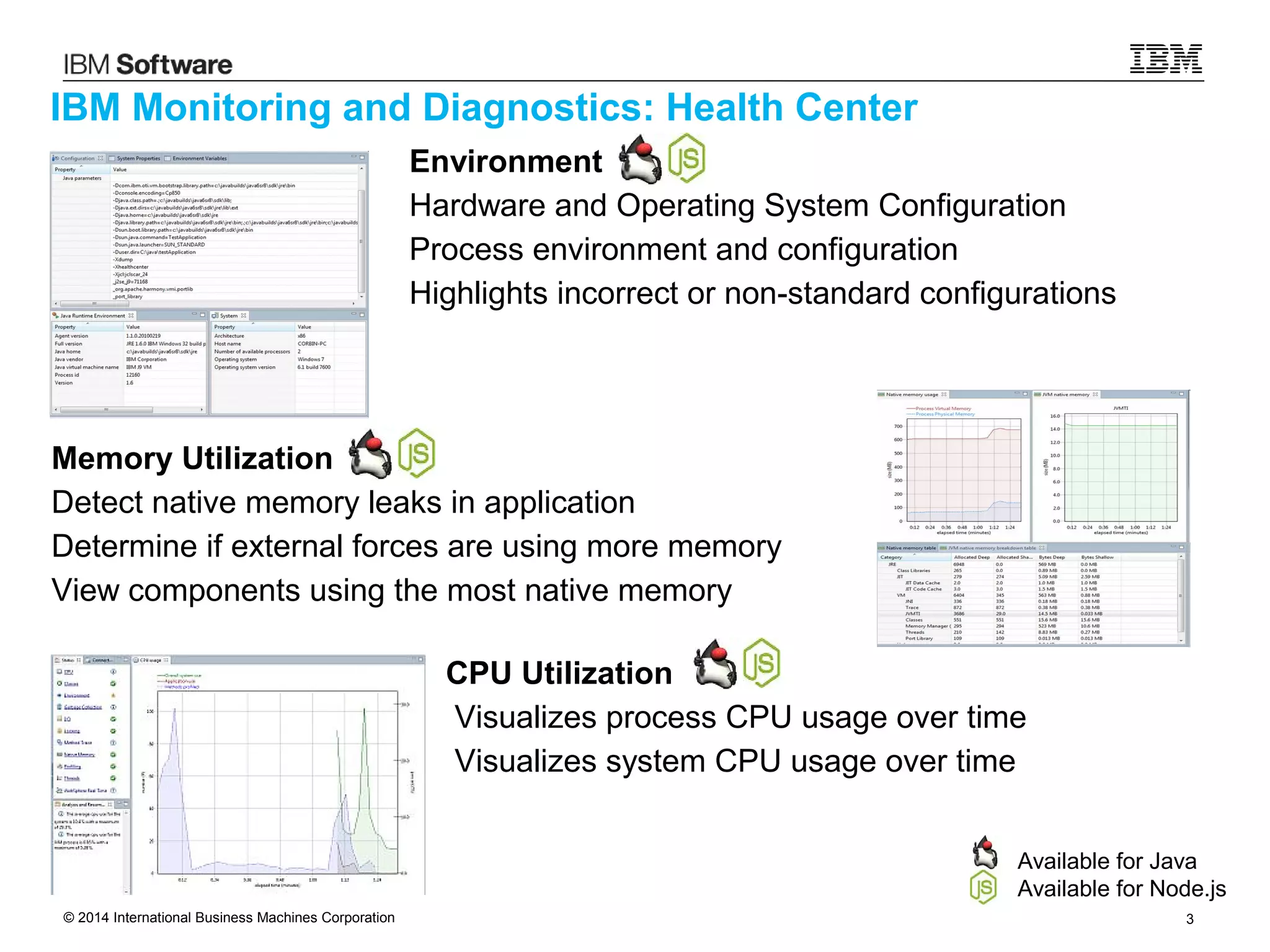 © 2014 International Business Machines Corporation 3
IBM Monitoring and Diagnostics: Health Center
Available for Java
Available for Node.js
Memory Utilization
Detect native memory leaks in application
Determine if external forces are using more memory
View components using the most native memory
Environment
Hardware and Operating System Configuration
Process environment and configuration
Highlights incorrect or non-standard configurations
CPU Utilization
Visualizes process CPU usage over time
Visualizes system CPU usage over time
 