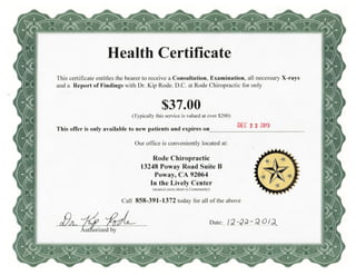 Health certificate 2013 for Poway Chiropractor Dr. Rode of Rode Chiropractic in Poway