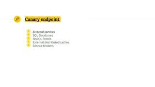 Canary endpoint
◉ External services
◉ SQL Databases
◉ NoSQL Stores
◉ External distributed caches
◉ Service brokers
 