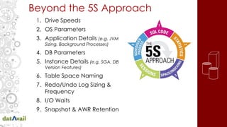 Beyond the 5S Approach
1. Drive Speeds
2. OS Parameters
3. Application Details (e.g. JVM
Sizing, Background Processes)
4. DB Parameters
5. Instance Details (e.g. SGA, DB
Version Features)
6. Table Space Naming
7. Redo/Undo Log Sizing &
Frequency
8. I/O Waits
9. Snapshot & AWR Retention
 