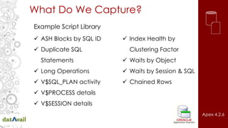 What Do We Capture?
 ASH Blocks by SQL ID
 Duplicate SQL
Statements
 Long Operations
 V$SQL_PLAN activity
 V$PROCESS details
 V$SESSION details
 Index Health by
Clustering Factor
 Waits by Object
 Waits by Session & SQL
 Chained Rows
Example Script Library
Apex 4.2.6
 