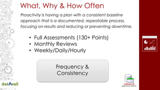 What, Why & How Often
Proactivity is having a plan with a consistent baseline
approach that is a documented, repeatable process,
focusing on results and reducing or preventing downtime.
• Full Assessments (130+ Points)
• Monthly Reviews
• Weekly/Daily/Hourly
Frequency &
Consistency
 