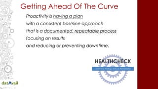 Getting Ahead Of The Curve
Proactivity is having a plan
with a consistent baseline approach
that is a documented, repeatable process
focusing on results
and reducing or preventing downtime.
 