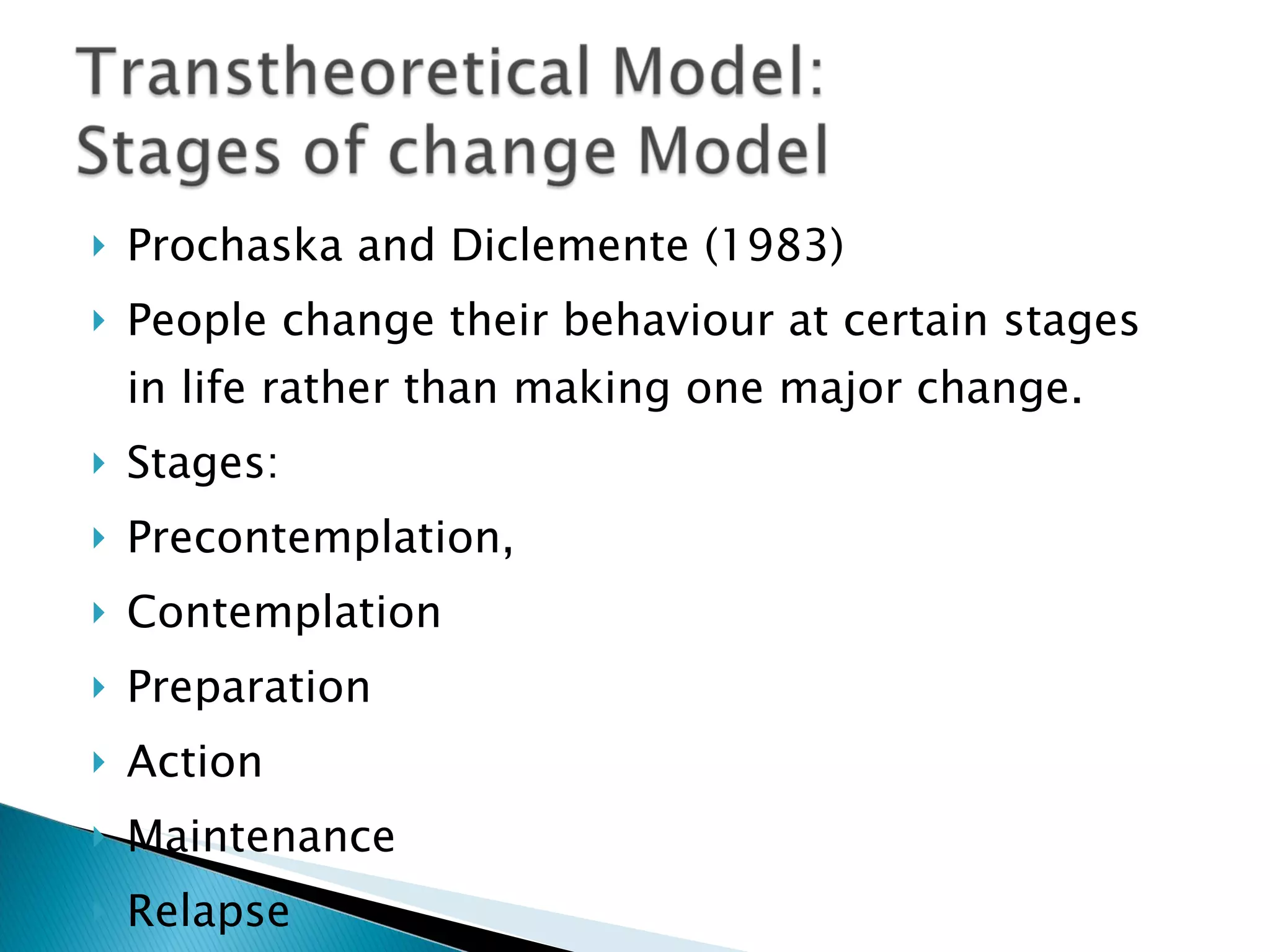 Prochaska and Diclemente (1983) People change their behaviour at certain stages in life rather than making one major change.  Stages: Precontemplation, Contemplation Preparation  Action Maintenance Relapse 