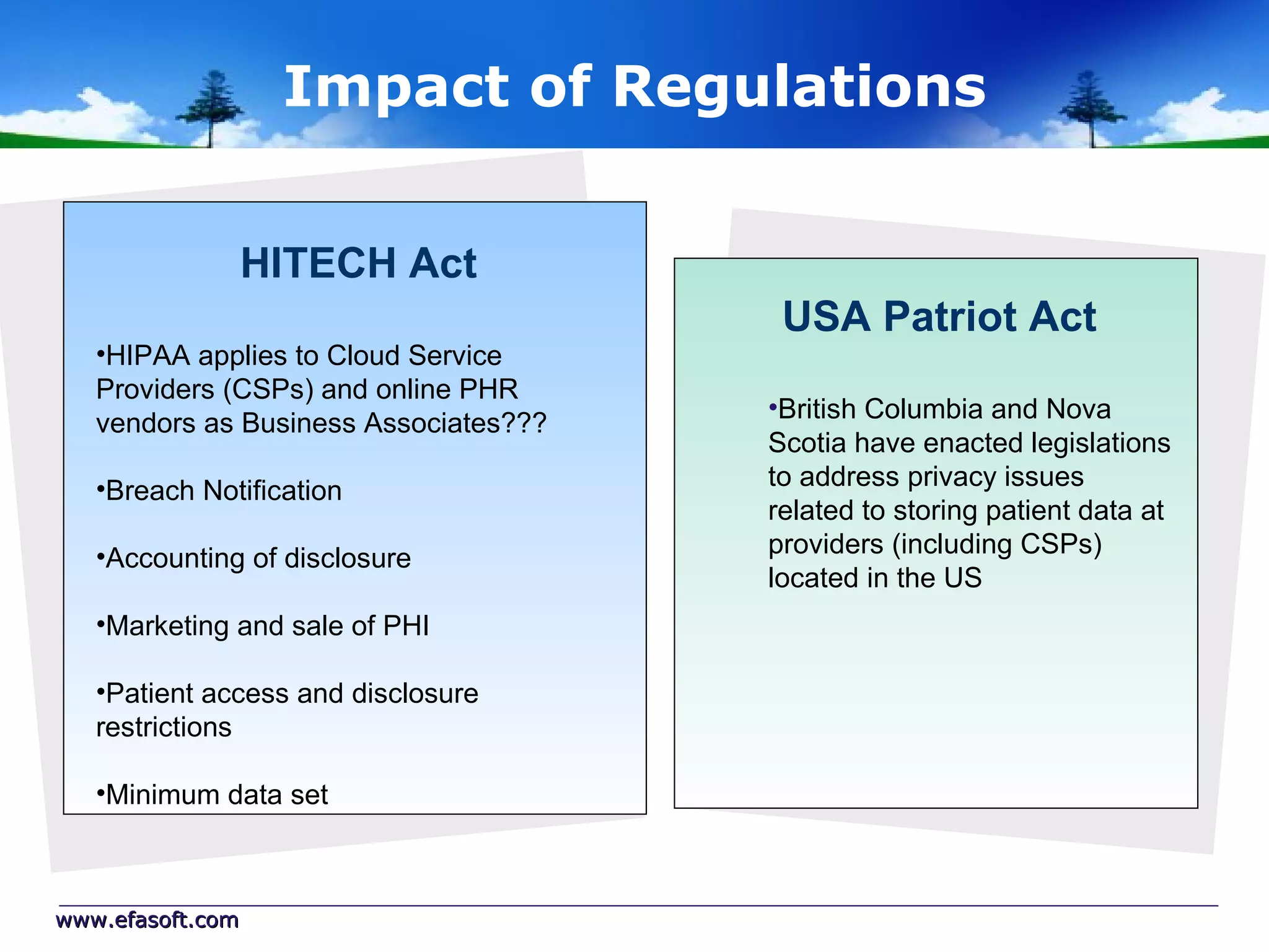 Impact of Regulations


                  HITECH Act
                                         US Patriot Act
   •HIPAA applies to Cloud Service
   Providers (CSPs) and online PHR
                                       •Canada Health Infoway
   vendors as Business Associates???
                                       certification requirements refer
   •Breach Notification                to HIPAA

   •Accounting of disclosure           •British Columbia and Nova
                                       Scotia prohibit storing patient
   •Marketing and sale of PHI          data at providers (including
                                       CSPs) located in the US
   •Patient access and disclosure
   restrictions

   •Minimum data set



www.efasoft.com
 