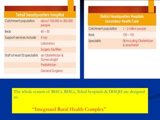 The whole system of BHUs, RHCs, Tehsil hospitals & DHQH are designed
as:
“Integrated Rural Health Complex”
 