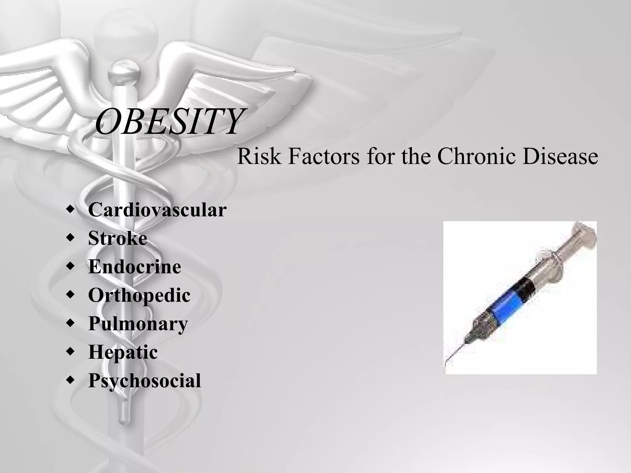 OBESITY  Risk Factors for the Chronic Disease Cardiovascular Stroke Endocrine  Orthopedic  Pulmonary Hepatic Psychosocial  
