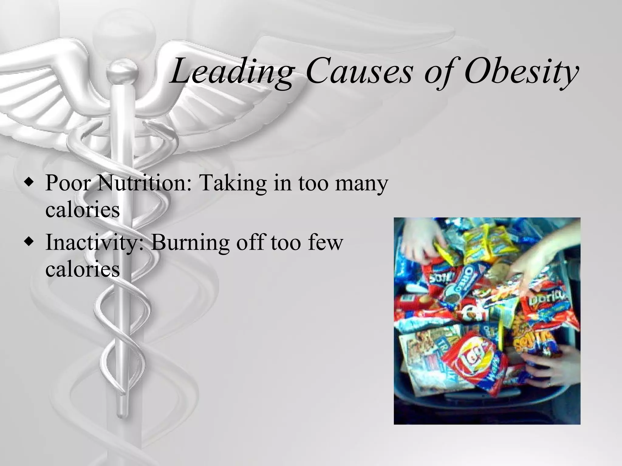 Leading Causes of Obesity Poor Nutrition: Taking in too many calories Inactivity: Burning off too few calories 