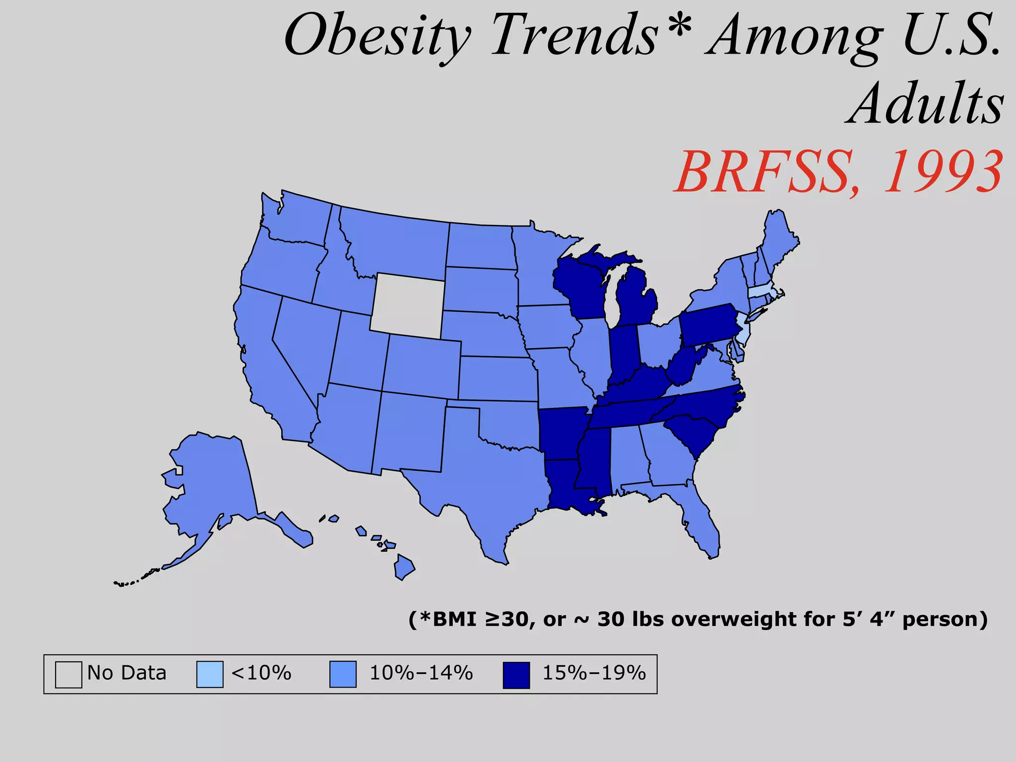Obesity Trends* Among U.S. Adults BRFSS, 1993 (*BMI ≥30, or ~ 30 lbs overweight for 5’ 4” person) No Data  <10%  10%–14%   15%–19% 