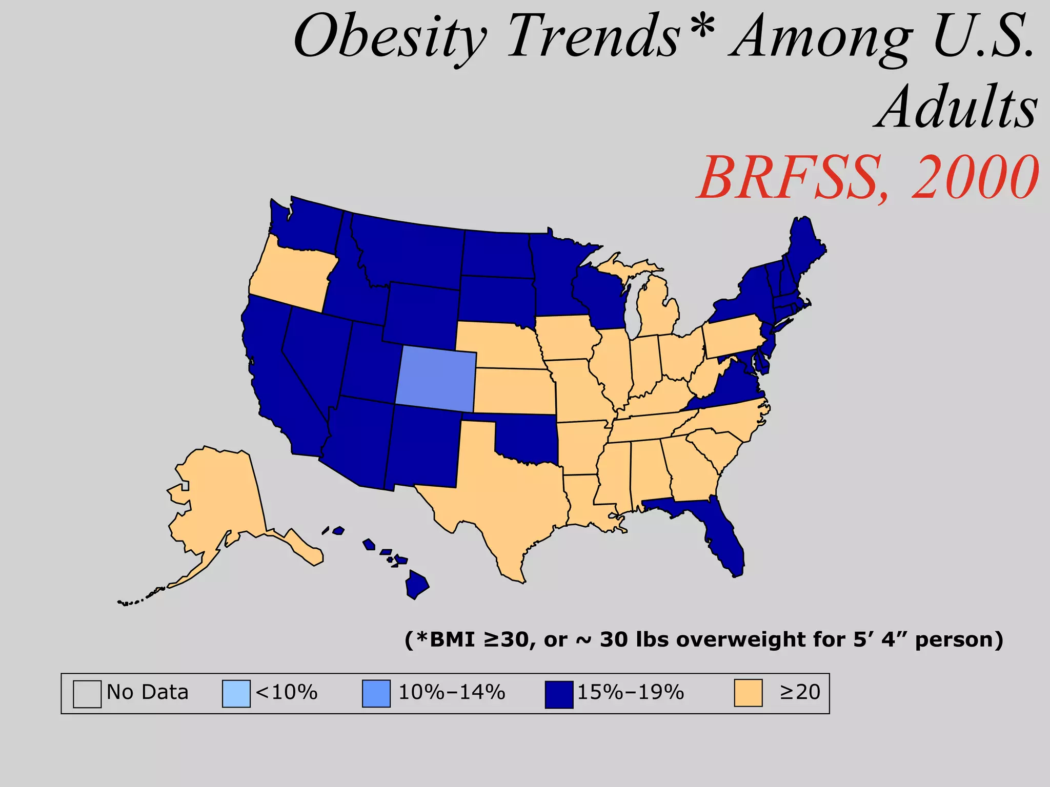 Obesity Trends* Among U.S. Adults BRFSS, 2000 (*BMI ≥30, or ~ 30 lbs overweight for 5’ 4” person) No Data  <10%  10%–14%   15%–19%  ≥20 