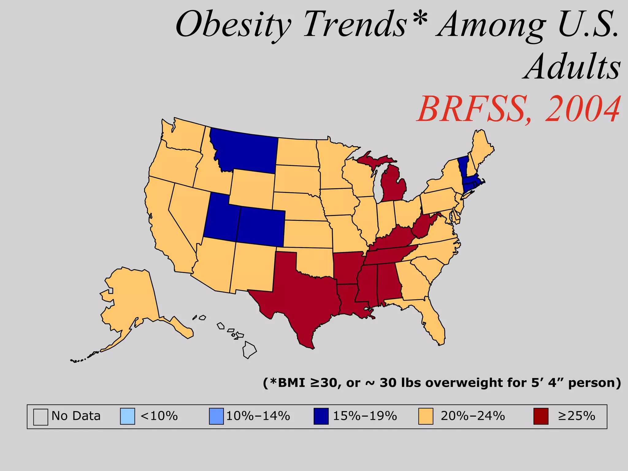 Obesity Trends* Among U.S. Adults BRFSS, 2004 No Data  <10%  10%–14%   15%–19%  20%–24%  ≥25% (*BMI ≥30, or ~ 30 lbs overweight for 5’ 4” person) 