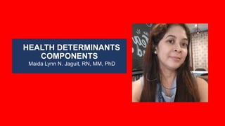 HEALTH DETERMINANTS
COMPONENTS
Maida Lynn N. Jaguit, RN, MM, PhD
 