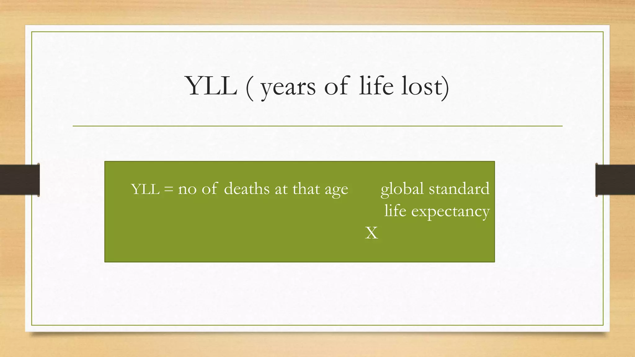YLL ( years of life lost)
YLL = no of deaths at that age global standard
life expectancy
X
 
