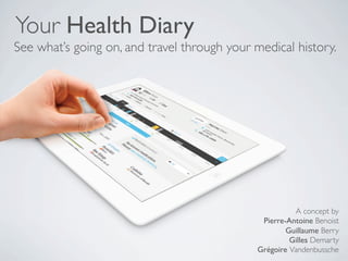 Your Health Diary
See what’s going on, and travel through your medical history.




                                                        A concept by
                                               Pierre-Antoine Benoist
                                                      Guillaume Berry
                                                       Gilles Demarty
                                              Grégoire Vandenbussche
 