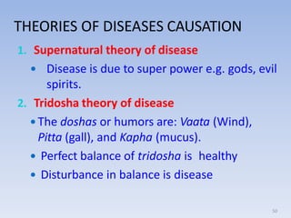 THEORIES OF DISEASES CAUSATION
50
1. Supernatural theory of disease
 Disease is due to super power e.g. gods, evil
spirit...