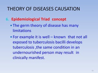 THEORY OF DISEASES CAUSATION
53
6. Epidemiological Triad concept
 The germ theory of disease has many
limitations
 For e...