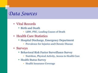 Data Sources Vital Records Birth and Death LBW, PNC, Leading Causes of Death Health Care Statistics Hospital Discharge, Emergency Department Prevalence for Injuries and Chronic Disease Surveys Behavioral Risk Factor Surveillance Survey Nutrition, Physical Activity, Access to Health Care Health Status Survey Health Insurance Coverage 