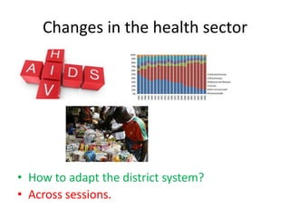 Changes in the health sector

• How to adapt the district system?
• Across sessions.

 