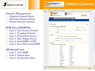 Consent Management Hospital Consent Forms Physician Consent Forms Patient On-Line Consent PHR Data SHARING Case 1  View Access Control Case 2  Complete Control Case 3  Partial Data Access Case 4  Date Range Access Case 5  Send PHR as CCD Case 6  Get CCD to load PHR MS HealthVault Case 1  Save PHR Case 2  Import Data Case 3  Synchronize Data Patient Consent 