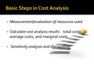  Measurement/evaluation of resources used
 Calculate cost analysis results : total cost,
average costs, and marginal cos...