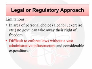 Limitations :
• In area of personal choice (alcohol , exercise
etc.) no govt. can take away their right of
freedom
• Difficult to enforce laws without a vast
administrative infrastructure and considerable
expenditure.
Legal or Regulatory Approach
 