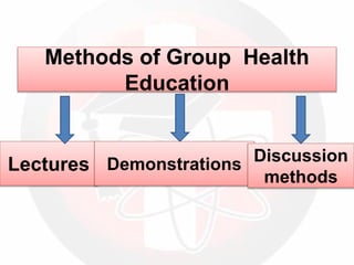 Methods of Group Health
Education
Lectures Demonstrations Discussion
methods
 