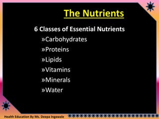 Health Education By Ms. Deepa Ingawale
The Nutrients
6 Classes of Essential Nutrients
»Carbohydrates
»Proteins
»Lipids
»Vitamins
»Minerals
»Water
 